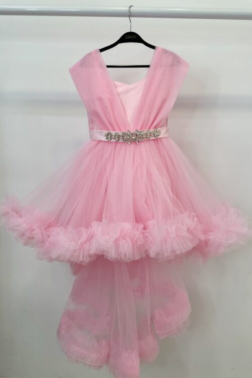 Fustan Pink Tutu me Deta të Përdredhura dhe Rrip me Gurë të Shndritshëm
