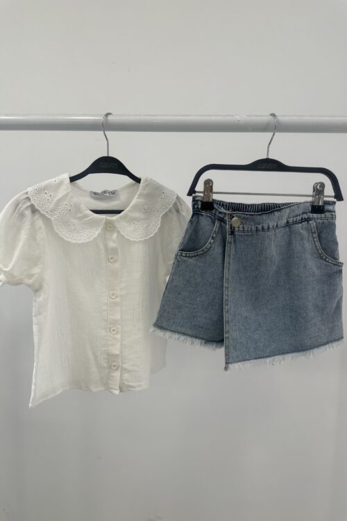 Kompleti Veror “Embroidery Dream” – Bluzë me Dantellë & Fund-Pantallona Xhins