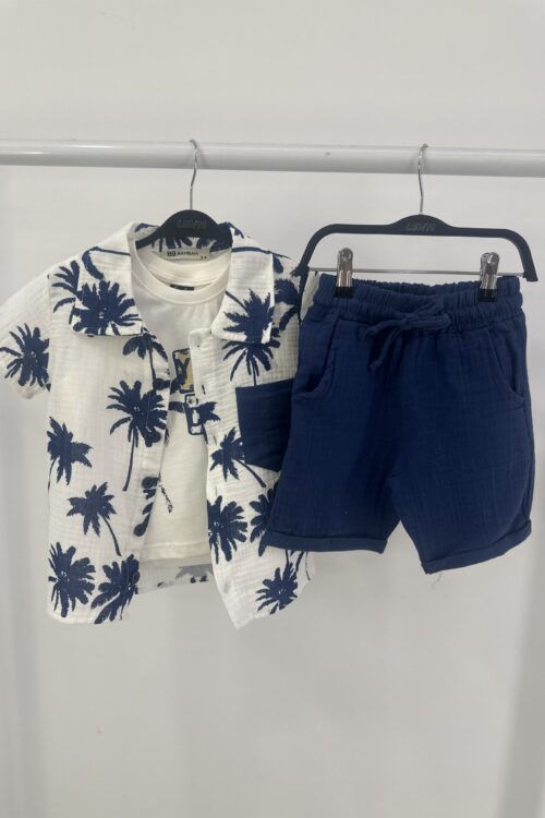 Set Veror me Palma Blu Deti – Këmishë e Hapur, Bluzë e Bardhë dhe Shorte