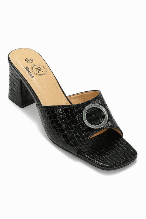 Sandale Mule e Zezë me Takë të Trashë dhe Detaj Rrethor – Modeli “JK Shoes”