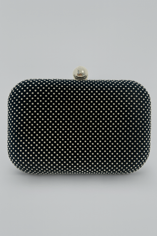 Çantë Mbrëmjeje (Clutch) e Zezë me Gurë Argjendi dhe Mbyllje Topi Kristali