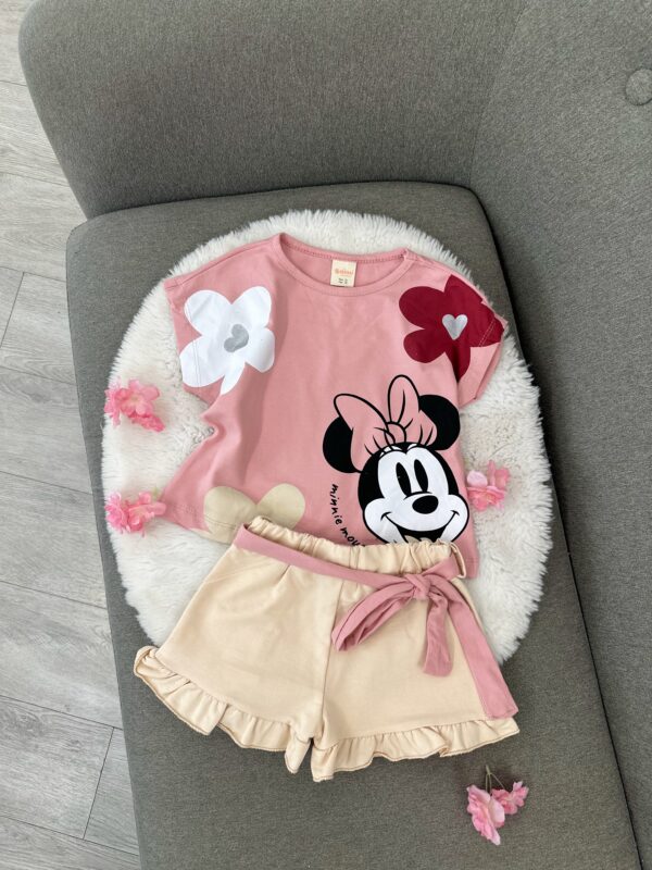 Komplet Veror për Vajza: Bluzë Rozë me Minnie Mouse dhe Pantallona të Shkurtra Bezhë