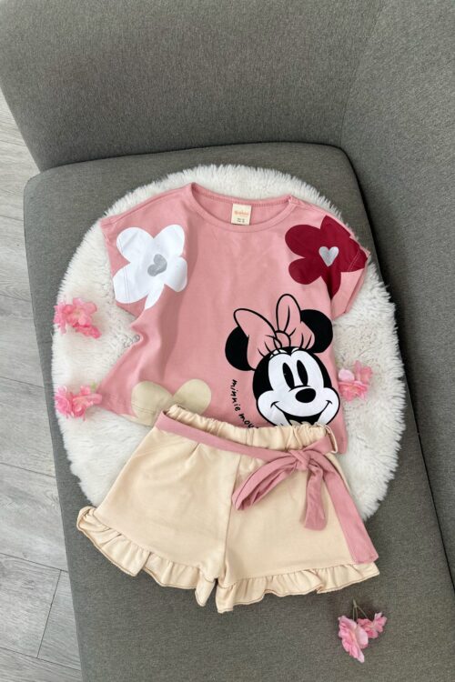 Komplet Veror për Vajza: Bluzë Rozë me Minnie Mouse dhe Pantallona të Shkurtra Bezhë