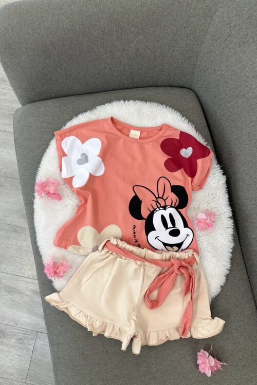Komplet Veror për Vajza: Bluzë Ngjyrë Koral Minnie Mouse dhe Pantallona të Shkurtra Bezhë me Fjongo