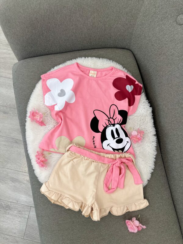 Komplet Veror i Këndshëm për Vajza: Bluzë Rozë Minnie Mouse dhe Pantallona të Shkurtra Bezhë