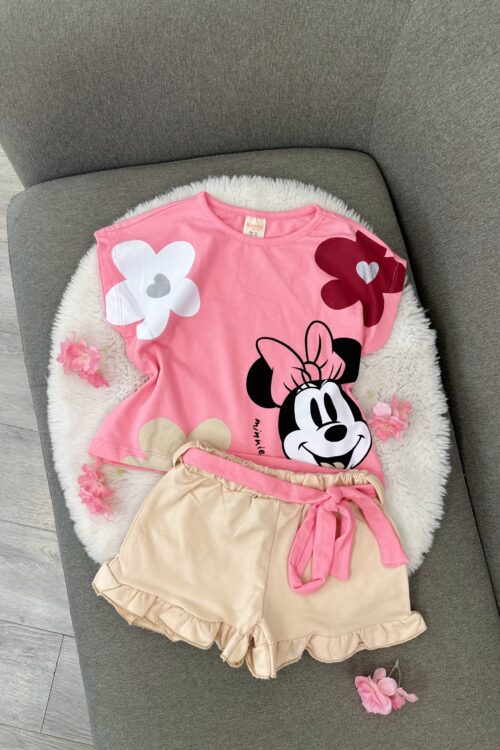 Komplet Veror i Këndshëm për Vajza: Bluzë Rozë Minnie Mouse dhe Pantallona të Shkurtra Bezhë