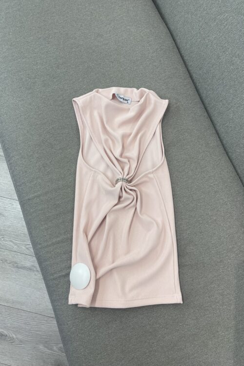 Bluzë “Ribbed” Rozë Pastel pa Mëngë me Unazë Drapazhi dhe Prerje në Bel