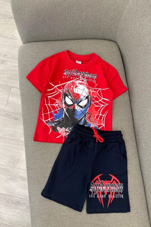 Komplet Veror për Djem: Bluzë e Kuqe Spider-Man dhe Pantallona të Shkurtra Blu