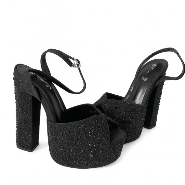 Sandale Elegante me Platformë dhe Takë të Trashë të Zbukuruar me Gurë të Zinj