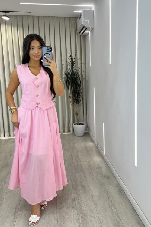 Set Rozë Pastel “Linen Look”: Top Crop me Butona dhe Fund i Gjëra me Palë