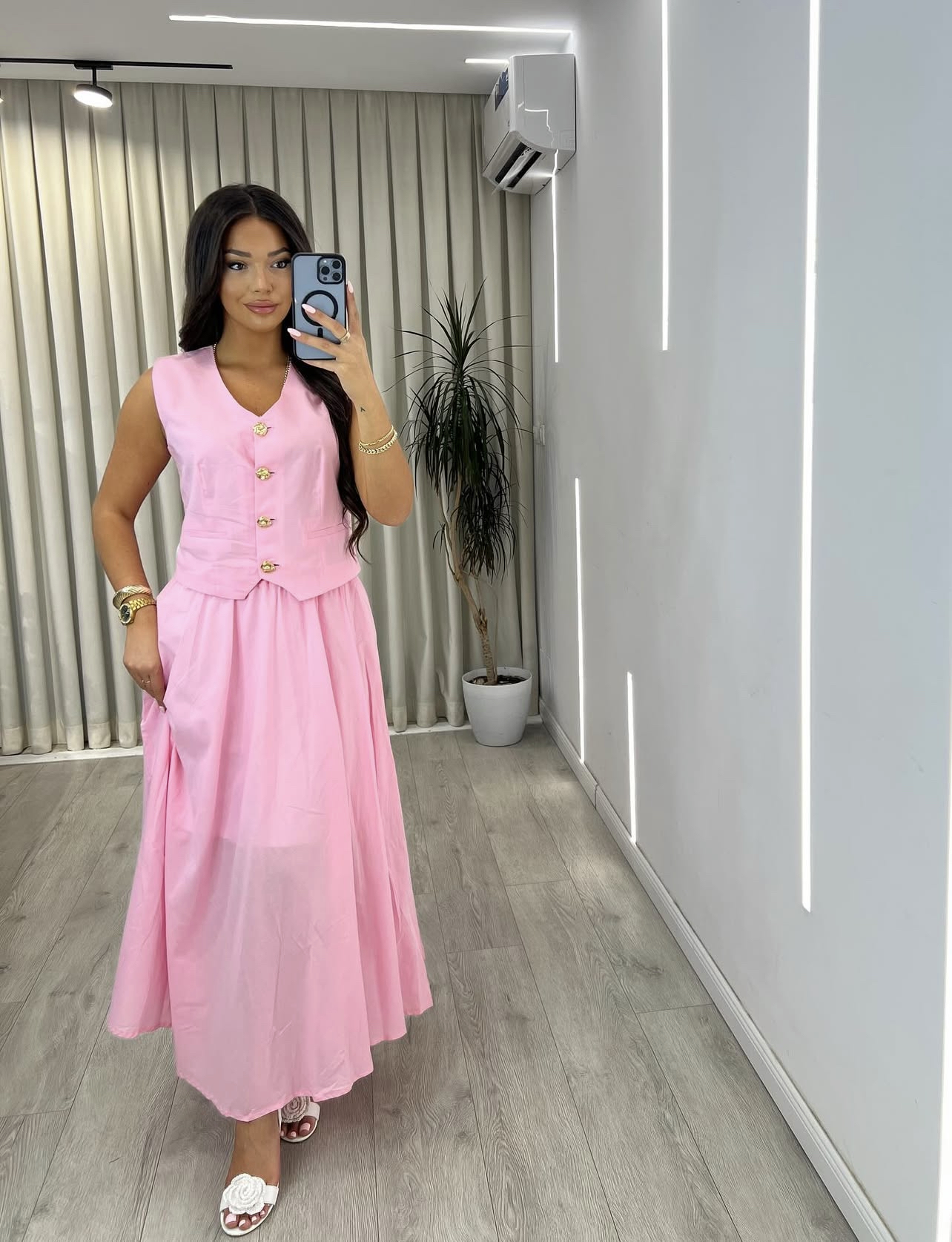 Set Rozë Pastel “Linen Look”: Top Crop me Butona dhe Fund i Gjëra me Palë