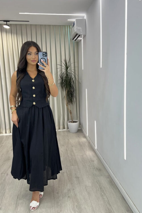 Set Klasik i Zi “Linen Look”: Top Crop me Butona dhe Fund i Gjëra me Palë