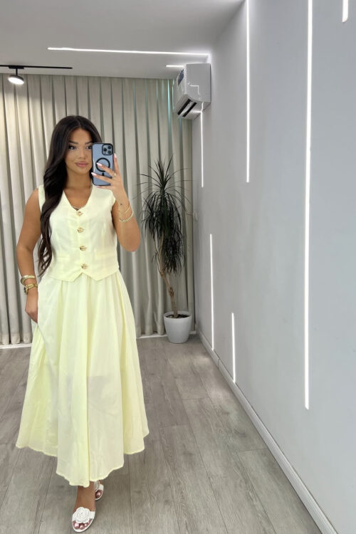 Set i Verdhë Pastel “Linen Look”: Top Crop me Butona dhe Fund i Gjëra me Palë
