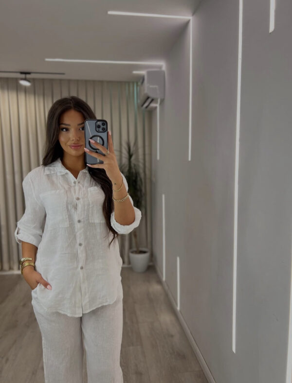 Set "Linen Look" ngjyrë Kafe e Errët: Këmishë me Mëngë të Gjata dhe Pantallona të Gjëra Komode - Image 2