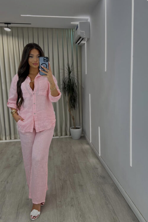 Set “Linen Look” Rozë Pastel: Këmishë me Mëngë të Gjata dhe Pantallona të Gjëra Komode