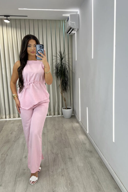Set “Linen Look” ngjyrë Rozë: Këmishë me Mëngë të Gjata dhe Pantallona të Gjëra Komode