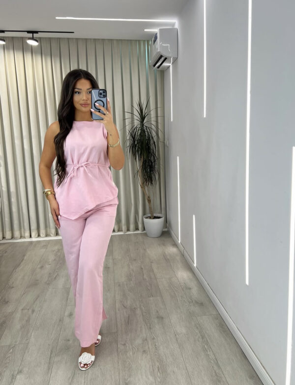 Set "Linen Look" ngjyrë Rozë: Këmishë me Mëngë të Gjata dhe Pantallona të Gjëra Komode