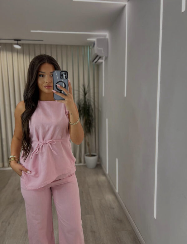 Set "Linen Look" ngjyrë Rozë: Këmishë me Mëngë të Gjata dhe Pantallona të Gjëra Komode - Figura 2