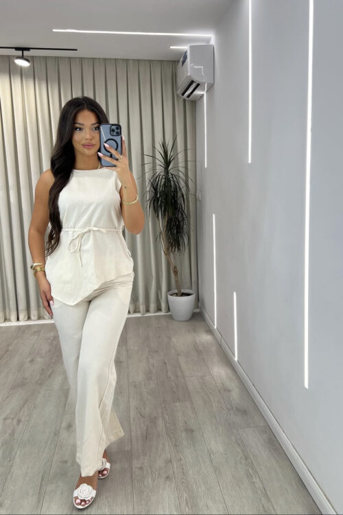 Set “Linen Look” ngjyrë Ecru/Bezhë e Çelët: Këmishë me Mëngë të Gjata dhe Pantallona të Gjëra Komode