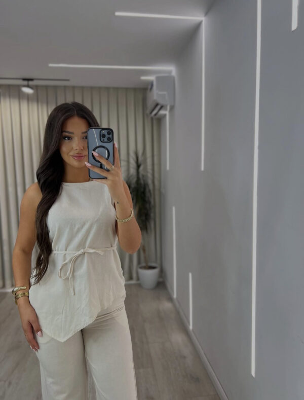 Set "Linen Look" ngjyrë Ecru/Bezhë e Çelët: Këmishë me Mëngë të Gjata dhe Pantallona të Gjëra Komode - Figura 2