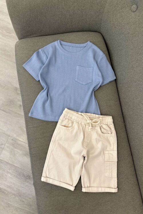 Set Veror Komod për Djem – Bluza Rebra me Xhep dhe Pantallona të Shkurtra Bezhe
