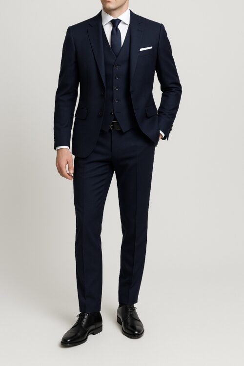 Kostum blu navy me tre pjesë (xhaketë, jelek, pantallona)
