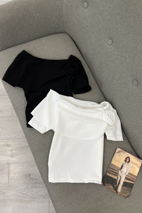 Bluza Elegante Off-Shoulder me Detaj Trëndafili (Bardhë dhe Zi