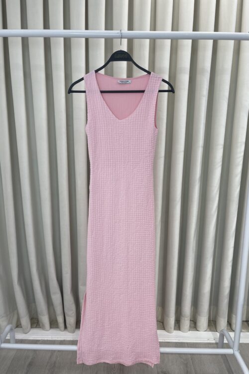 Fustan i Gjatë i Thjeshtë Rozë me V-Neck