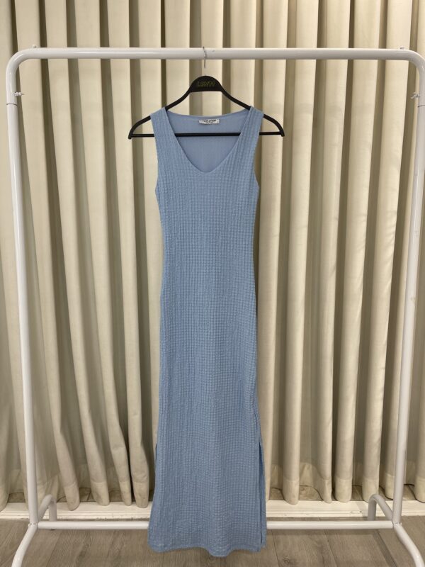 Fustan i Gjatë i Thjeshtë Blu me V-Neck