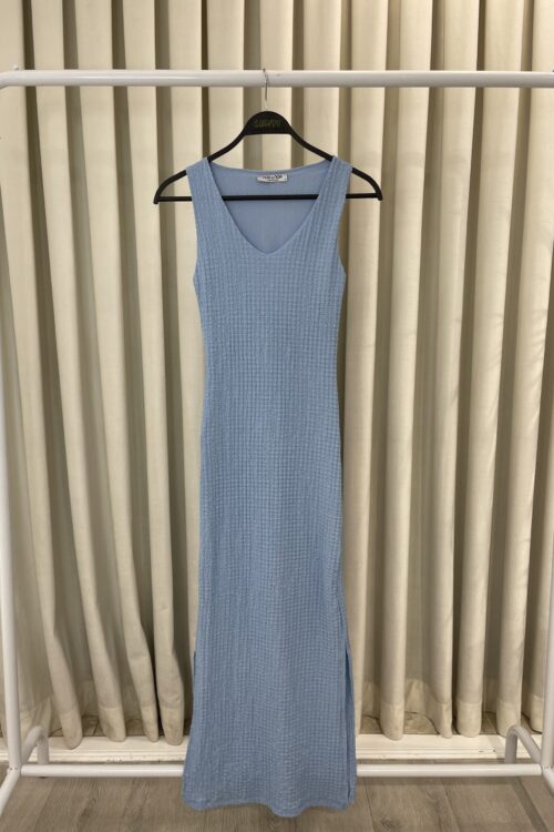 Fustan i Gjatë i Thjeshtë Blu me V-Neck
