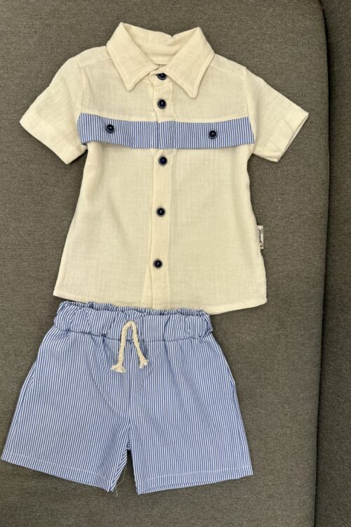 Set Veror Elegant për Bebë: Këmishë Beige dhe Pantallona të me Vija Blu