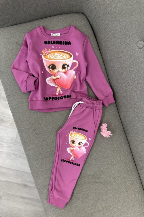 Kostum sportiv për vajza, roze, me print “Balerrina Cappuccina”