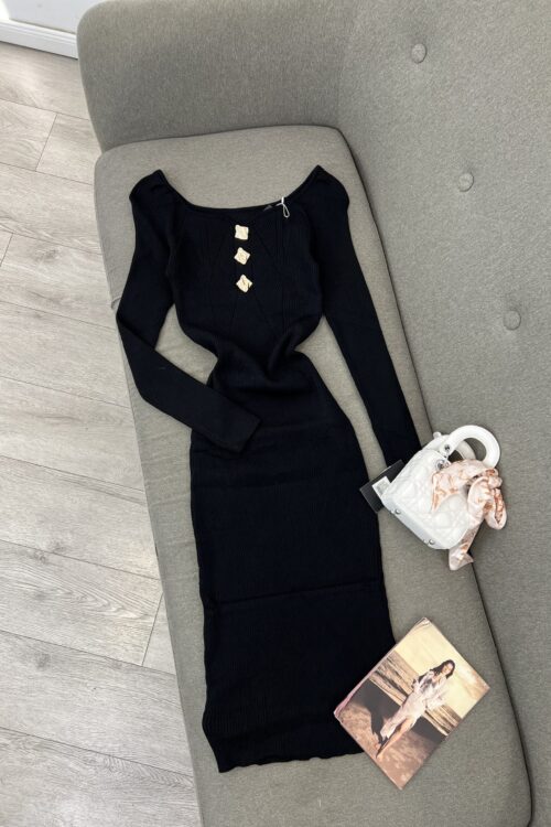 Fustan Triko I Ngushtë (Bodycon) në të Zezë – Elegancë me Detaje Diamanti