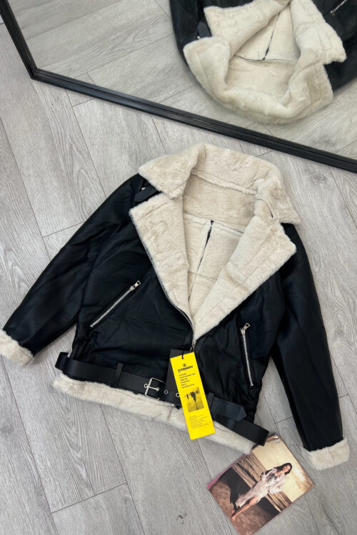 Xhaketë Biker (Aviator) Lëkure (Ekolëkure) e Zezë me Lesh (Shearling) të Brendshëm
