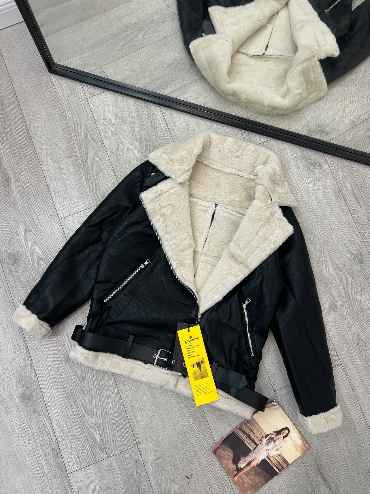 Xhaketë Biker (Aviator) Lëkure (Ekolëkure) e Zezë me Lesh (Shearling) të Brendshëm