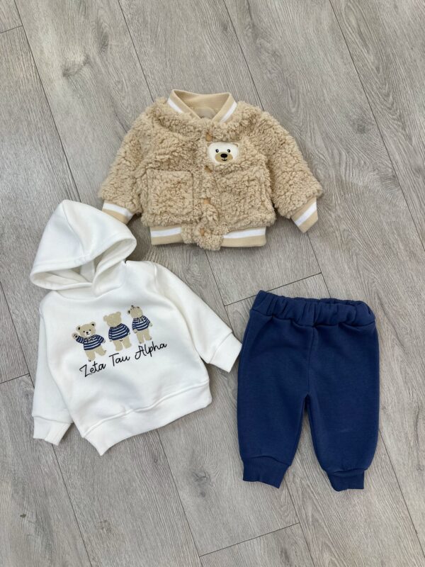 Set i ngrohtë për fëmijë: xhaketë fuzzy teddy bear dhe kostum tute