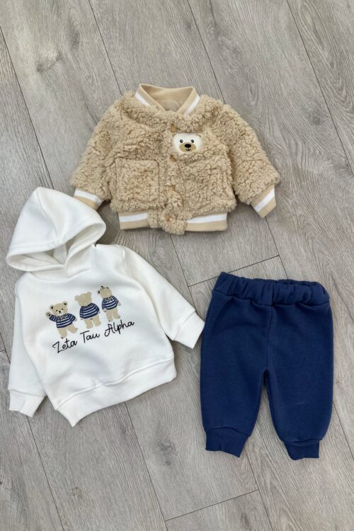 Set i ngrohtë për fëmijë: xhaketë fuzzy teddy bear dhe kostum tute