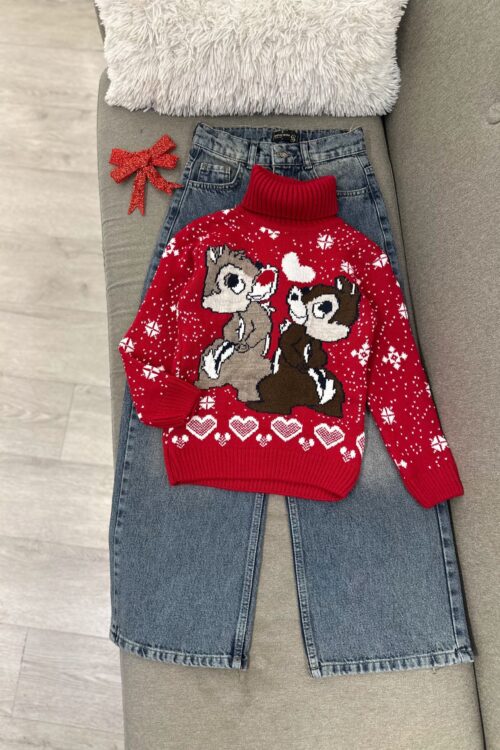 ❤️ Xhëmper Festiv i Kuq me Çip dhe Dejl dhe Xhinse (Veshje Rasti/Casual) 🐿️ – 11-12 – E kuqe
