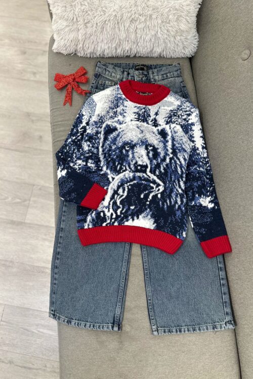 🐻 Xhëmper Dimri me Ari Dëbore dhe Xhinse (Veshje Rasti/Casual) ❄️ – 9-10 – Blu