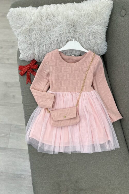 💖 Fustan Triko Rozë Pastel me Fund Tull dhe Çantë (Veshje Romantike Dimri) 🌸 – 6-7 – Bezhe