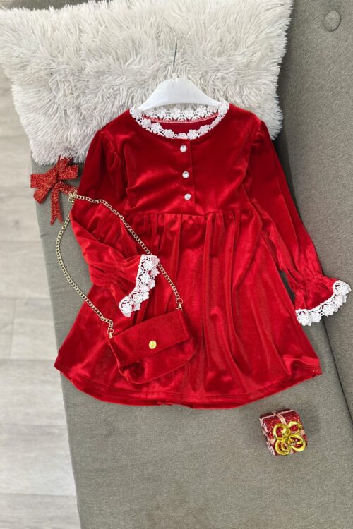 ❤️ Fustan Klasik i Kuq Kadifeje me Dantellë të Bardhë (Elegancë Festive) 🌟 – 8-9 – E kuqe