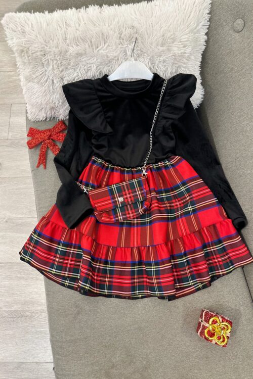 🖤 Fustan i Zi Kadifeje me Fund me Kuadrata Kuq e Zi (Stil Festiv Modern) 🎁 – 8-9 – E kuqe