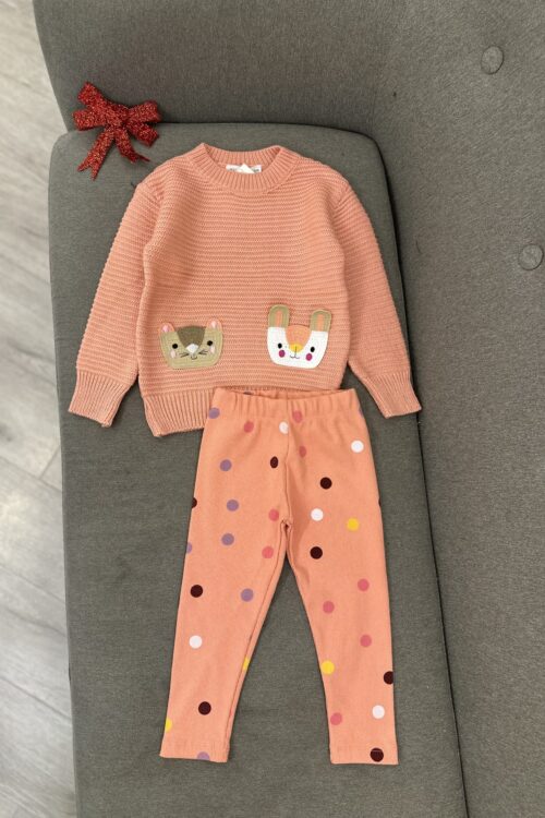 🍑 Set Triko dhe Pantallona me Pika dhe Motive Kafshësh (Veshje e Rehatshme për Fëmijë) 🐰 – 2-3 – Portokalle