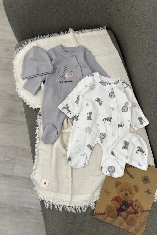 Set 3-Pjesësh “Aventura e Vogël” – Komplet Pambuku me Motive Safari – 0-24 muaj – E bardhe