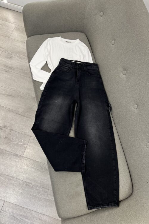 Xhinse “Wide Leg” (Këmbë të Gjëra) Të Zeza me Larje – S – E zez