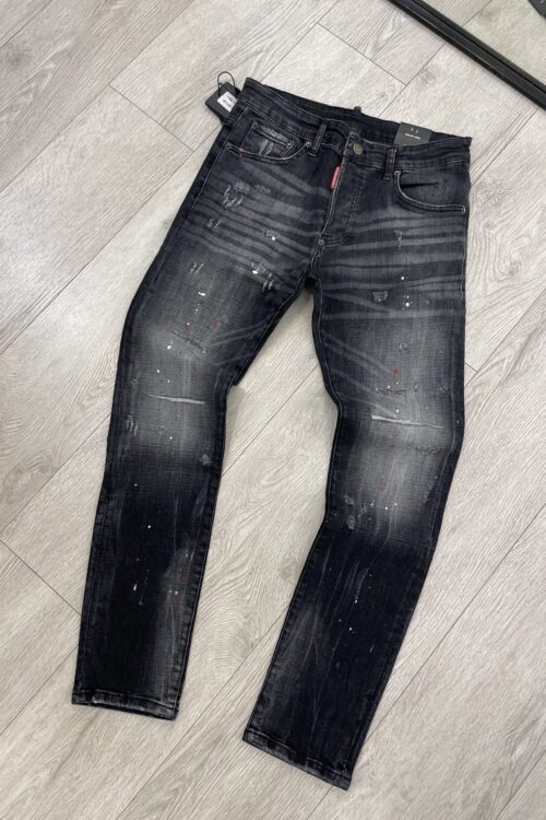 Xhinse Premium Të Ngushta (Slim Fit) Ngjyrë E Zezë/Gri E Zbehtë (Washed Black) me Efekt Bojërash (Paint Splatter) – XS – E zez